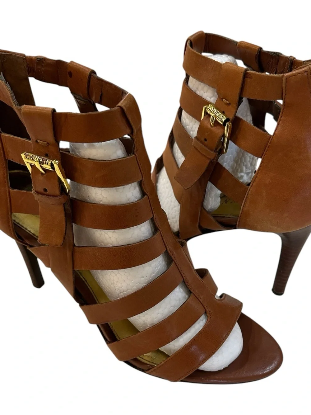 Lauren Ralph Mya Strappy Cage Leather Heeled Sandals Tan/Brown - 8B 3.5”L Heel - Picture 3 of 13